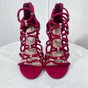 Aldo Red & Gold Strappy Caged Velvet Zip Back High Heels Size 6